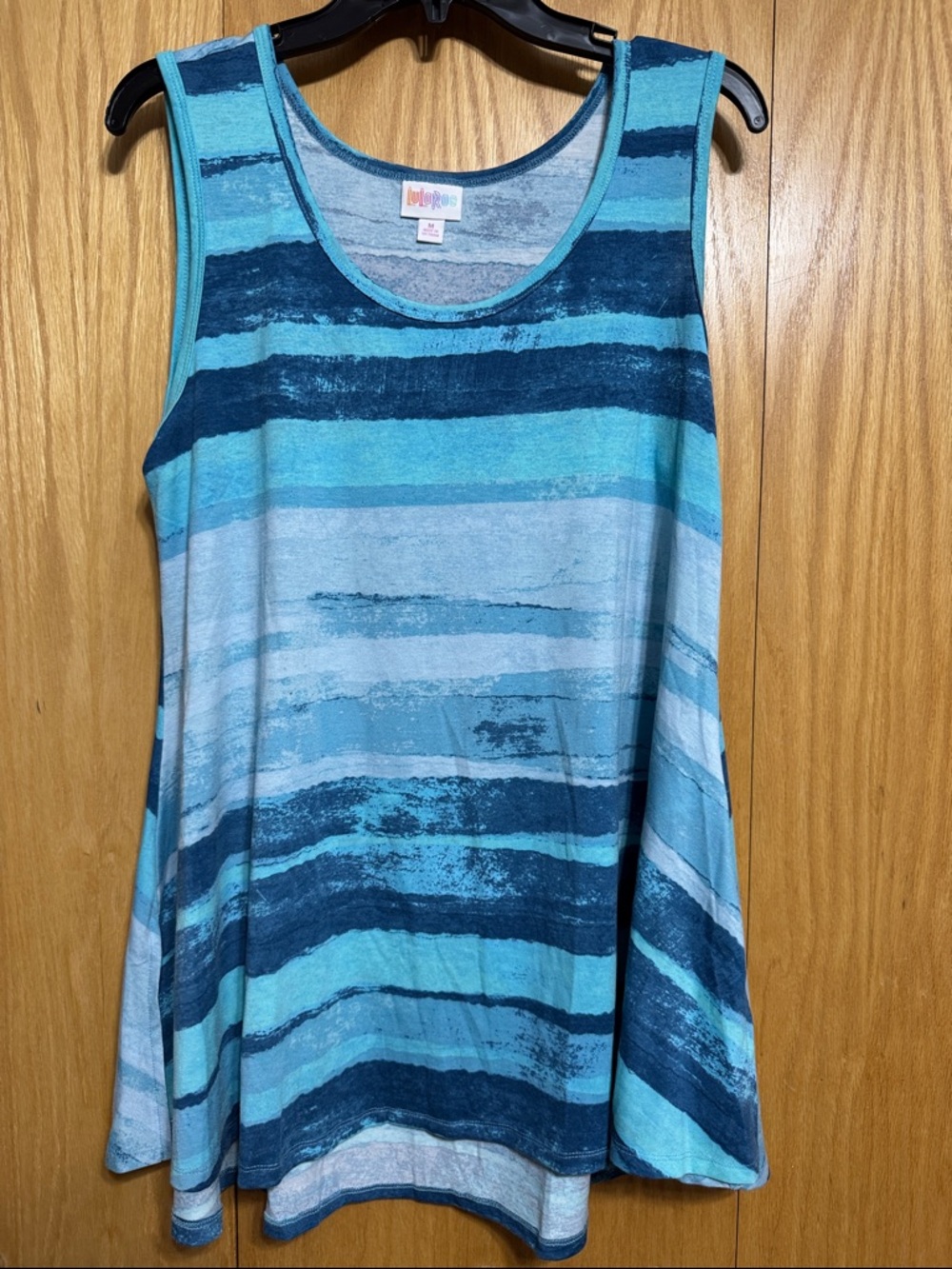 LuLaRoe Aqua and Navy Striped Sleeveless Swing Tank